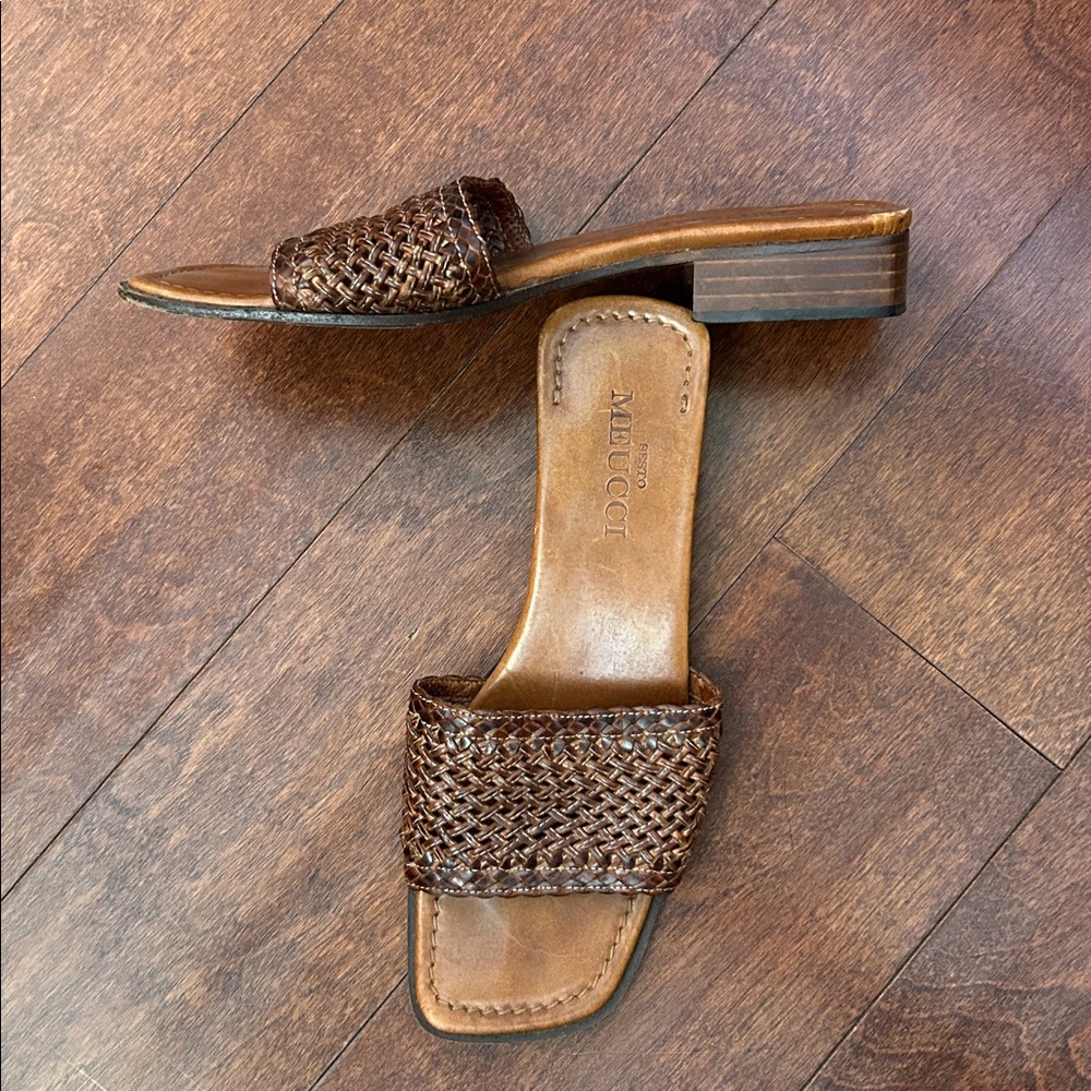 Sesto Meucci Brown Woven Leather Slide Sandals